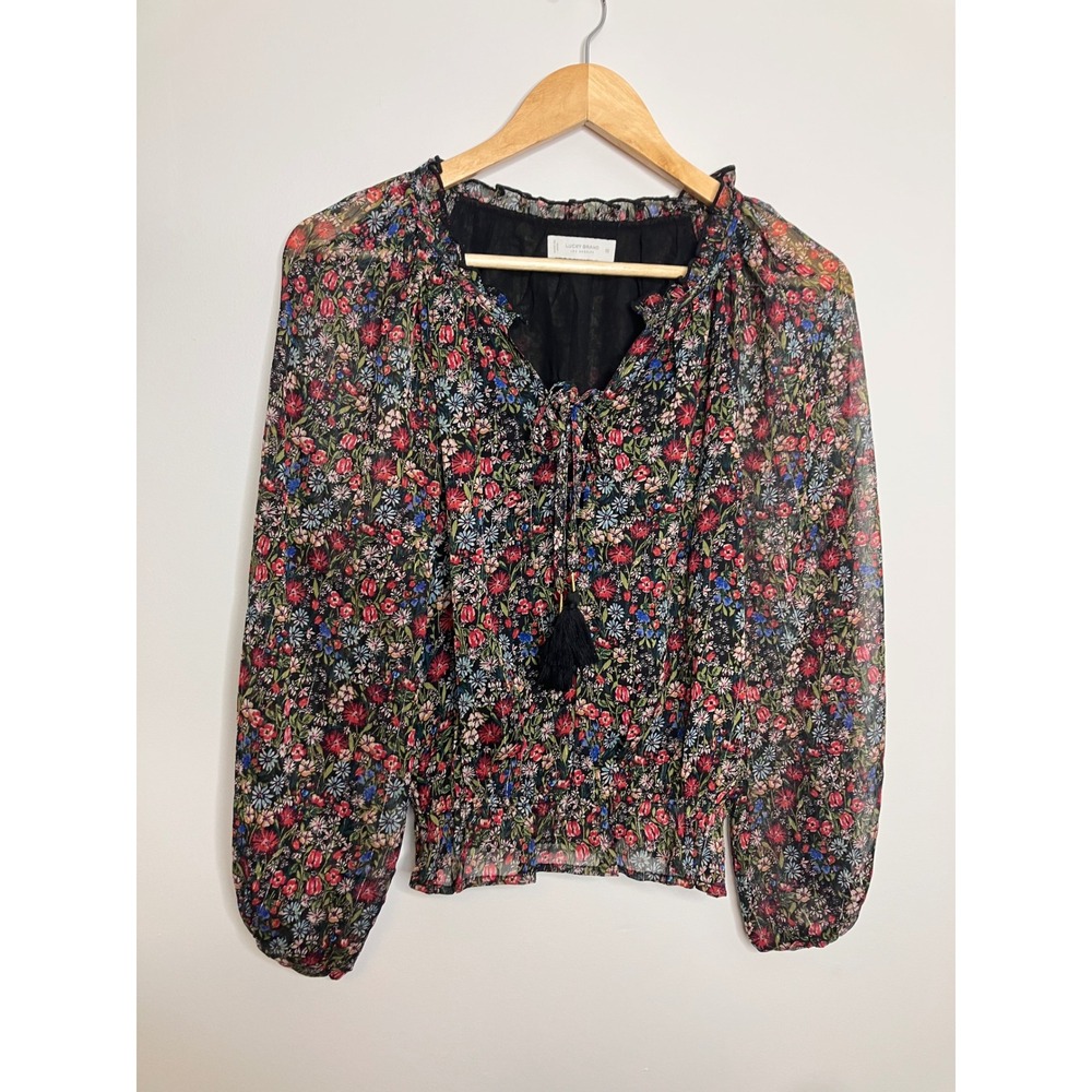 Lucky Brand Floral Blouse Womens XS Black Excellent Smocked Tassel Lace Up Top